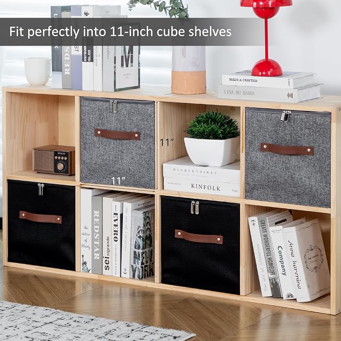 4PCS Storage Cubes with Zippered Lids Fabric Storage Bins Boxes | with 3 PU Leather Handles Cotton Linen Decorative Foldable Washable Lidded Shelf Closet Organizer Container (Black, 11 Inch)