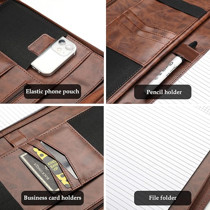 ProCase Portfolio Business Padfolio Folder with Zipper -Brown | Conference Meeting Executive File Legal Document Organizer with Pockets Letter Size A6 Writing Pad Notepad Padfolio