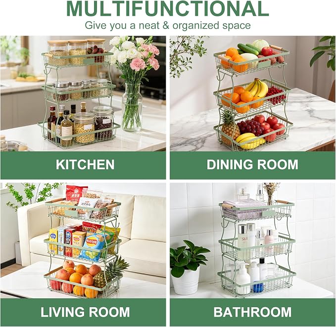 3 Tier Fruit Basket with 2 Banana Hangers, Countertop Fruit Vegetable Stand Produce Holder Organizer for Onion Potato Bread Snack Veggie Green