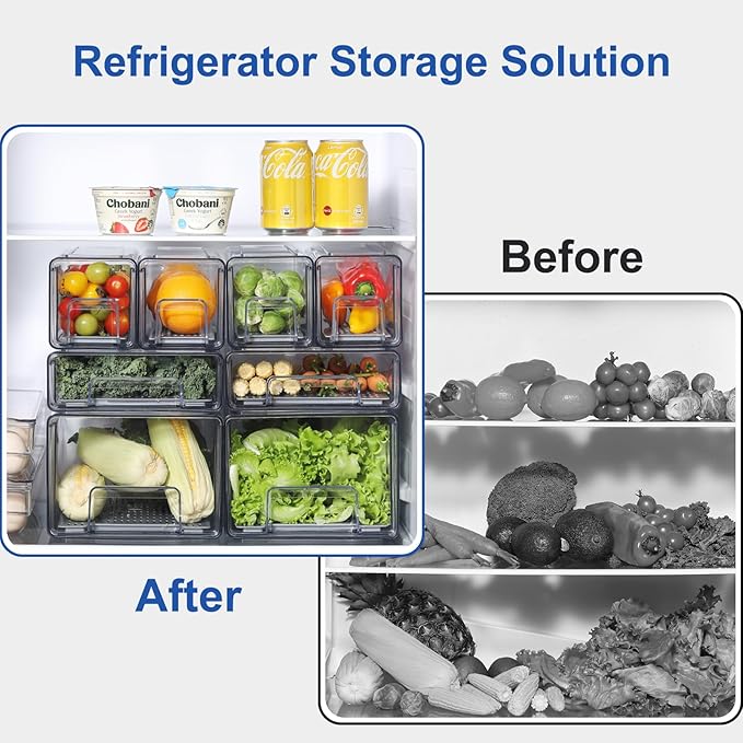 Pull Out Clear Fridge Organizer Drawers with Drainer, Refrigerator Stackable Storage Bins for Kitchen Fruit & Veggie Organization (2PCS, Large)