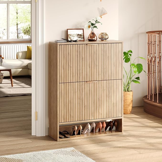 Hootata 31.5''W Oak Shoe Storage Cabinet for Entryway with 2 Flip Drawers, Narrow Wood Fluted Shoe Rack Cabinet,Freestanding Slim Shoe Organizer Cabinet for Foyer, Hallway