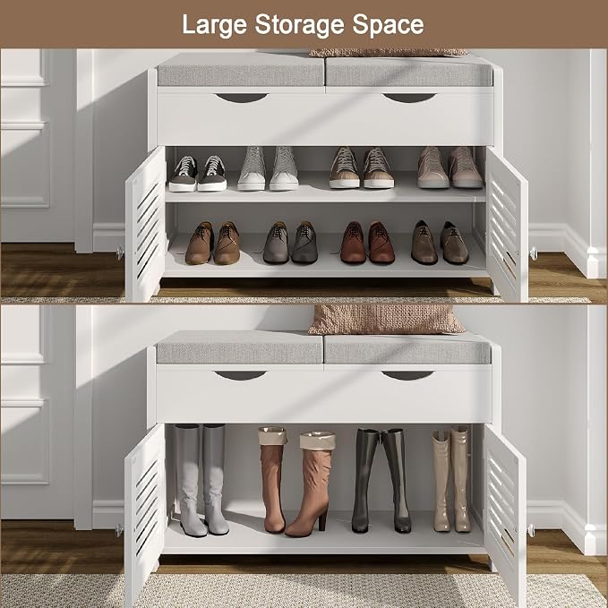 ChooChoo Shoe Storage Bench with Lift Top Storage & Cushioned Seats | 29.5" Entryway Bench with 3 Compartments & Adjustable Shelf, for Entryway, White
