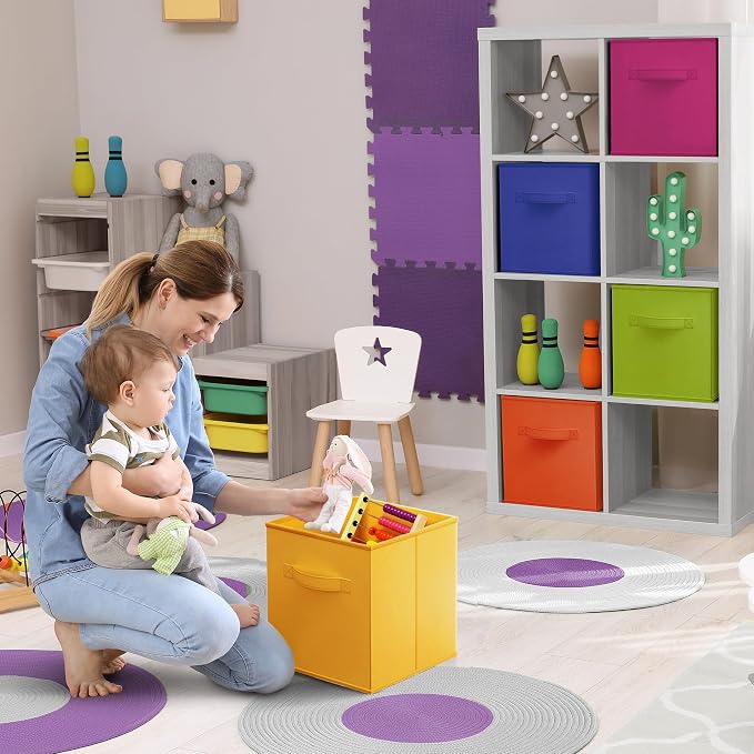 Sorbus 11 Inch Fabric Storage Cubes - Sturdy Collapsible Bins With Handle - 6 Foldable Baskets for Organizing Clothes, Toys, Books - Multi Colored Storage Baskets for Shelves, Kids Room, Closets