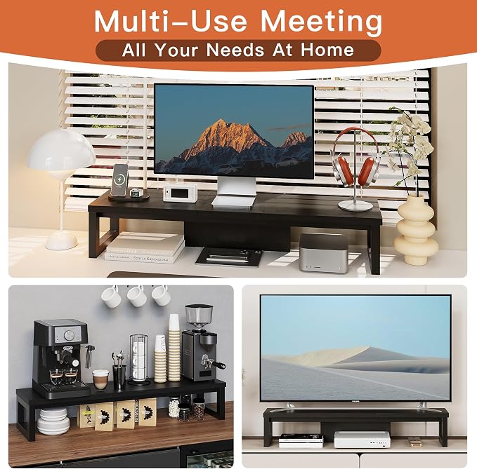 Dual Monitor Stand Riser, Wood and Steel Monitor Stand for Desk, Multi-Purpose Desk Shelf Organizer for Computer, Laptop, Printer, TV, Black