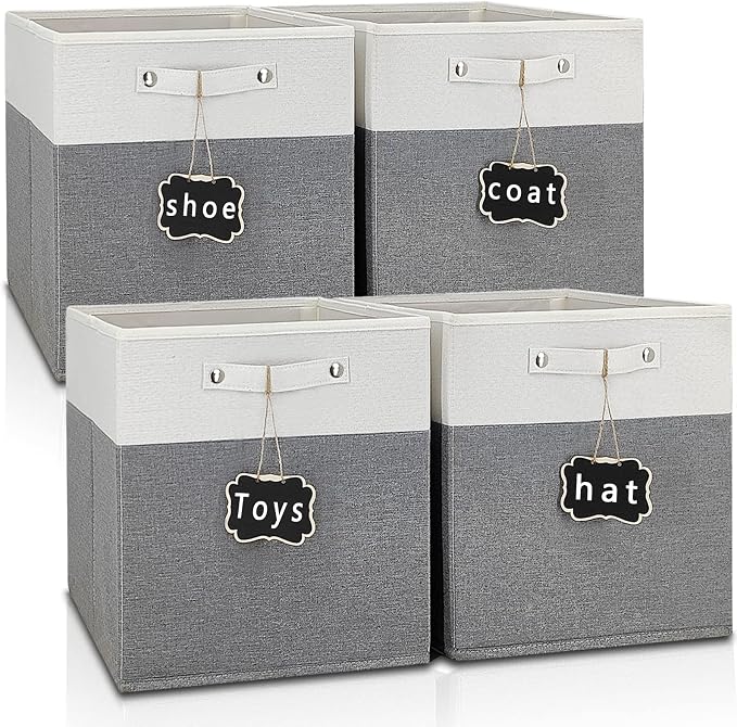13x15x13 storage cube bins 4 Pack,Collapsible Fabric Storage Cubes with Labels,Linen Cube Storage Organizer Bins with Cotton Handles,Square Storage Cubes for Home,Office,Clothes,Cabinet(White Grey).