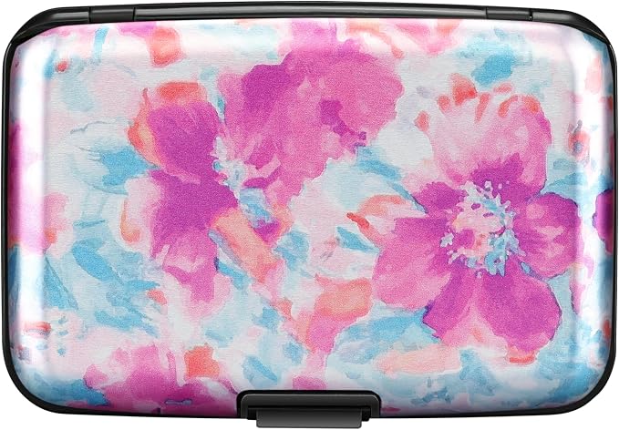 ELFISH Mini RFID Aluminum Wallet Credit Cards Holder Business Card Case Metal ID Case for Men Women(Watercolor Sakura)