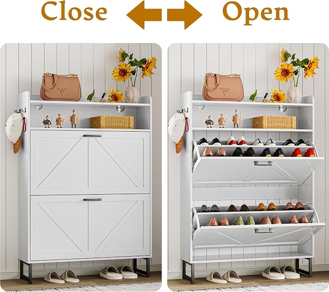 Wodeer Shoe Storage Cabinet with 2 Flip Drawers, Narrow Wood Shoe Cabinet Storage for Entryway with Metal Legs & Hooks, Adjustable Shelves, Freestanding Shoe Rack Organizer for Foyer, Hallway, White
