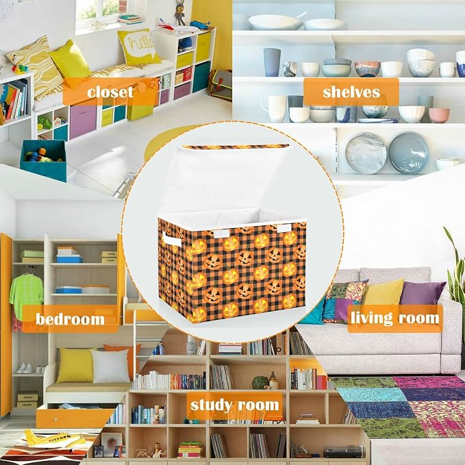 CaTaKu Large Fabric Storage Bins With Lids, Halloween Pumpkin Plaid Storage Boxes With Handles for Organizing Clothes, Collapsible Storage Cube Bins Baskets for Shelves