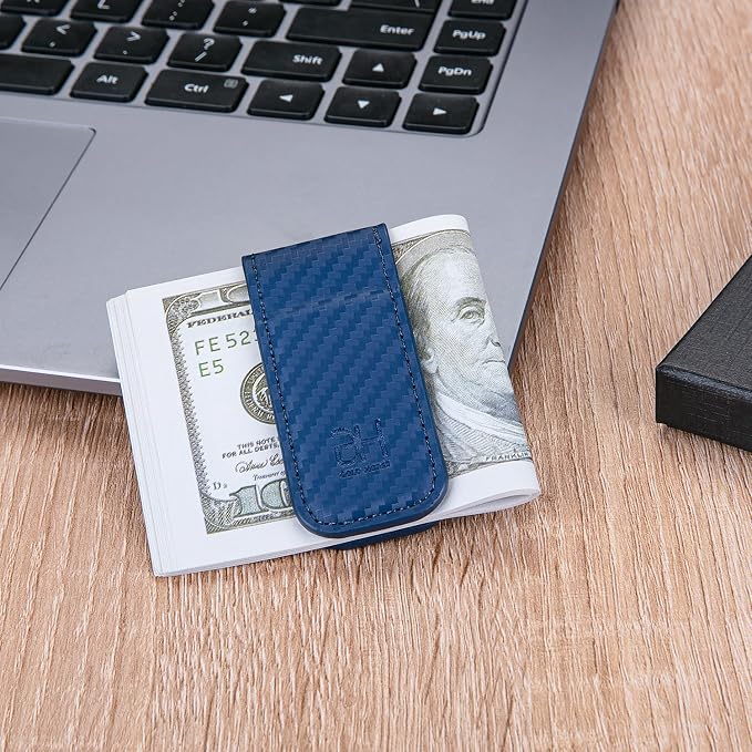 GH GOLD HORSE Slim Magnetic Money Clip Genuine Leather Business Card Holder for Men (Blue)