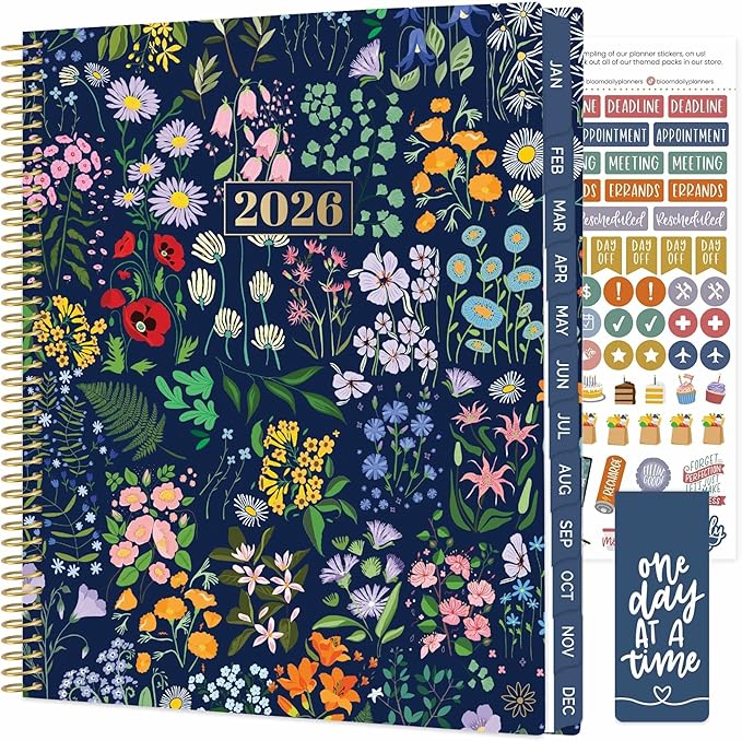 bloom daily planners 2026 Planner (January to December) - 8.5” x 11” Weekly & Monthly Dated Agenda Organizer Book with Stickers & Tabs - Flexible Soft Cover - Garden Party, Navy