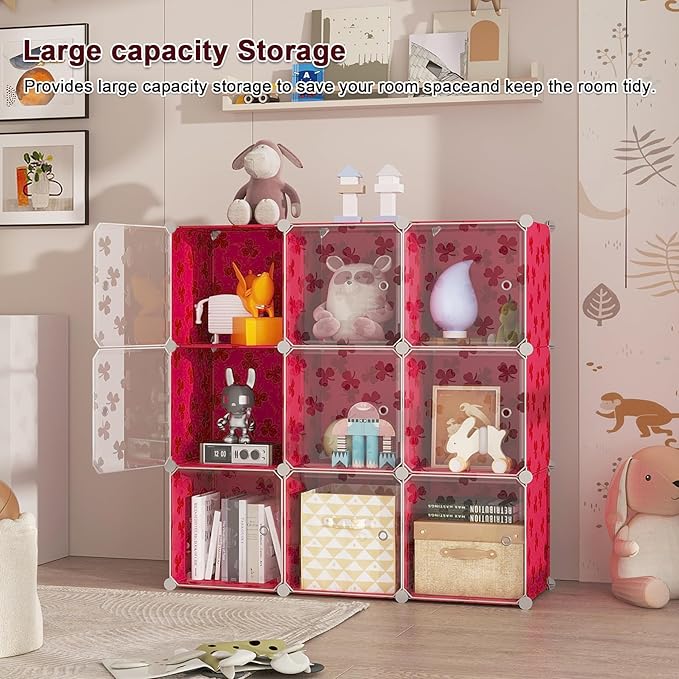 C&AHOME Cube Storage Organizer with Doors, 10-Cube Shelves, DIY Plastic Modular Bookshelf, Closet Clothes Storage Shelving Ideal for Bedroom, Living Room, Clover Embossed, Red