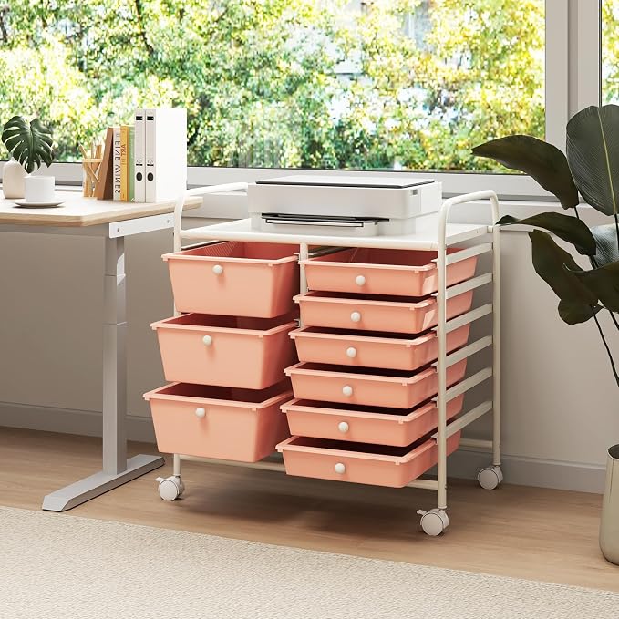 Moccha 9-Drawer Rolling Storage Cart - Under Desk Storage Drawers with wheels for Craft Art Supply Paper Salon, Scrapbook Paper Tools, Mobile Utility Cart for Classroom, Peach