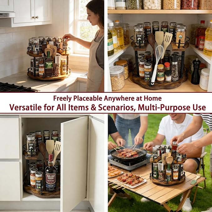 12 Inch Wood Lazy Susan Organizer Spice Rack, Lazy Susan Organizer, Height Adjustable Spice Rack, Kitchen Cabinet Storage and Pantry Turntable for Seasonings, Cans, Jars
