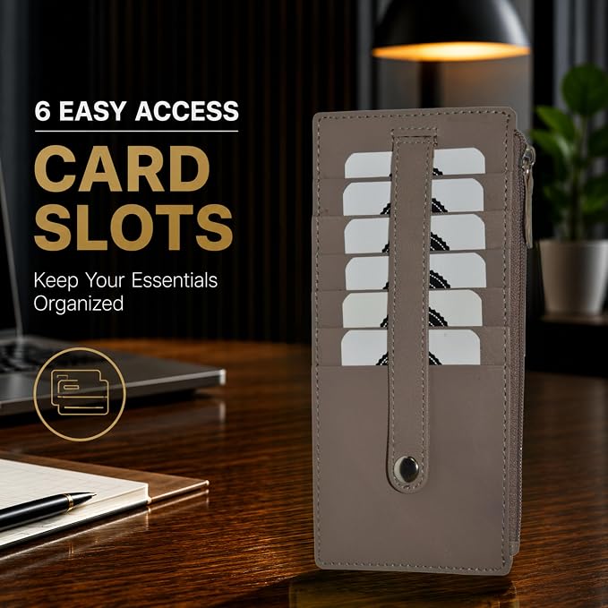 Leatherboss Genuine Leather Women's All in One Credit Business Card Case Holder Slim Zipper Wallet With a Card Protection Strap, Light Brown