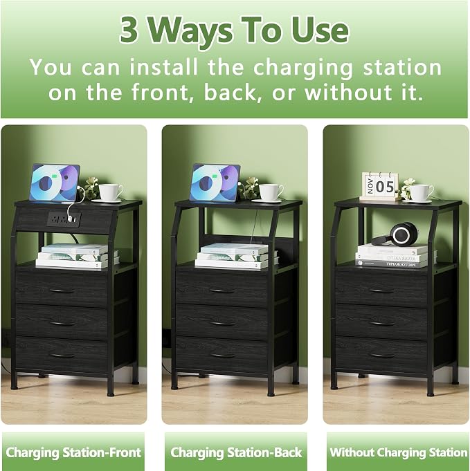 Furnulem Night Stand with Charging Station, 28.3 Inch Tall Side Table with Fabric Drawers and Storage Shelf, Bedside Table with USB Ports & Outlets, Nightstand for Bedroom, 3 Ways to Use, Black Oak
