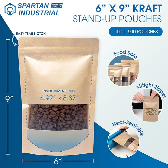 Spartan Industrial - 6" X 9" Kraft Zip Top Food Storage Bags - Pack of 500 Smell-Proof Resealable Pouches for Packaging Coffee, Tea, Spices, Snacks, and More