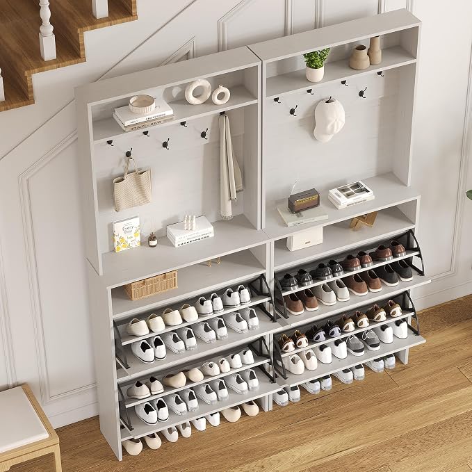 Garvee Shoe Cabinet with 2 Flip Drawers, 2-in-1 Hall Tree Shoe Storage Cabinet with Adjustable Shelf, Hidden Shoes Rack with Anti-Tipping Kit, Freestanding Shoes Rack for Entryway Hallway