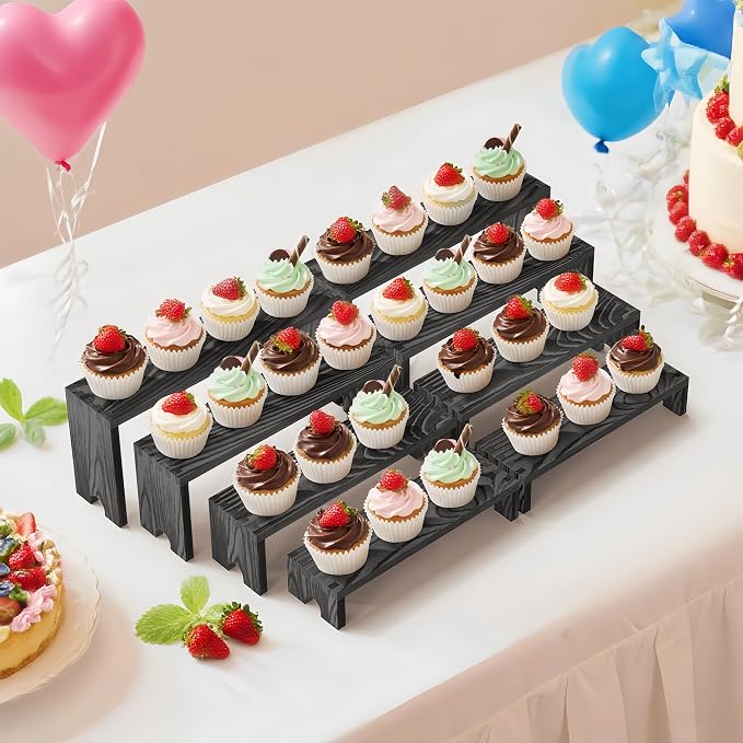 Large 2 Set wood tone Wooden Tiered Display Stands 4 Tier Stackable Pine Wood Display Risers, Suitable for Vendor Events, Cupcake Stands, cake stand Wooden Dessert Table Sets, Vendor Booth Displays,Cosmetic & Perfume Display Tools, Kitchen Spice Storag...