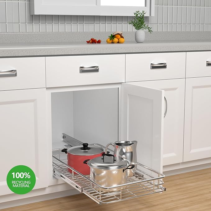 JOWBOOW Pull Out Cabinet Organizer 17" W x 21" D, Put Out Shelves for Kitchen Cabinets, Roll Out Drawers Heavy-Duty Metal Sliding Shelf, Bottom Mount