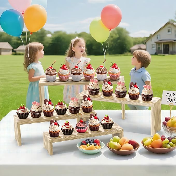 Large 2 Set wood tone Wooden Tiered Display Stands 4 Tier Stackable Pine Wood Display Risers, Suitable for Vendor Events, Cupcake Stands, cake stand Wooden Dessert Table Sets, Vendor Booth Displays,Cosmetic & Perfume Display Tools, Kitchen Spice Storag...
