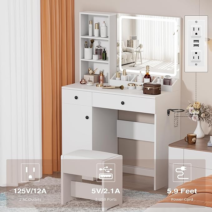 YIKEHOME Small Vanity Makeup Mirror Desk with Stool, Makeup Vanity Table Set with with 3 Lighting Modes & Adjustable Brightness, Dressing Table for Women Girls Bedroom, White