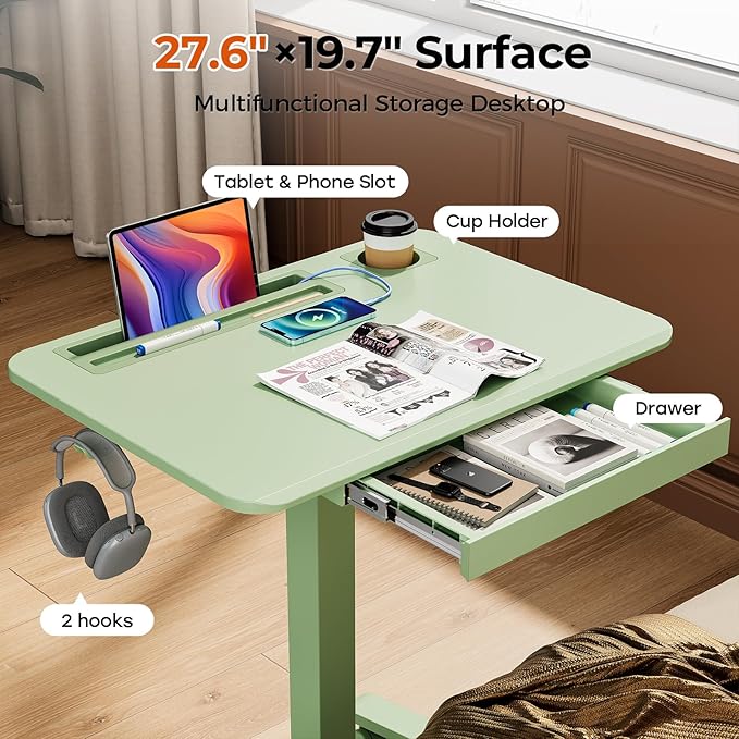 28" Mobile Standing Desk with Drawer, Portable Laptop Desk | Rolling Desk with Cup Holder and Hooks, Height Adjustable Computer Cart with Storage, Lockable & Hidden Wheels, Sage Green