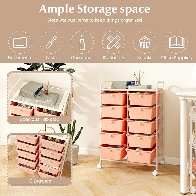 RELAX4LIFE 10-Drawer Rolling Storage Cart - Mobile Craft Art Supply Storage Organizer for Tool Scrapbook Paper Salon, Office School Classroom Teacher Rolling Cart with Drawers, Utility Cart on Wheels