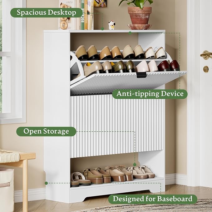 Xixini Shoe Storage Cabinet for Entryway with 2 Flip Drawers, Hidden Slim Wood Shoe Organizer with Modern Fluted Panel, Freestanding Narrow Shoe Rack for Front Door Entrance, Hallway, Foyer, White