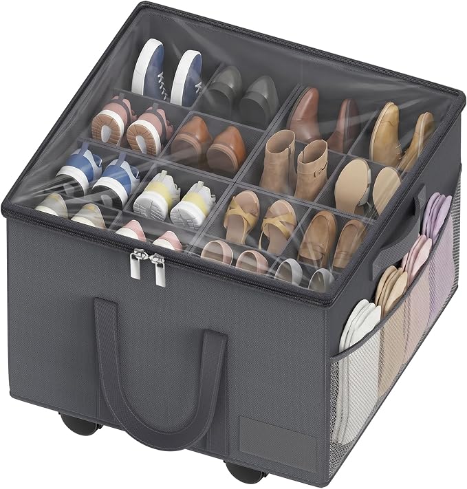 Large Shoe Organizer for Closet, 16 Pairs Shoe Storage Box with 360° Wheels & Reinforced Handles, Adjustable Dividers, Clear Cover, Side Pocket, Foldable Oxford Fabric Bin for Entryway, Grey