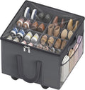 Large Shoe Organizer for Closet, 16 Pairs Shoe Storage Box with 360° Wheels & Reinforced Handles, Adjustable Dividers, Clear Cover, Side Pocket, Foldable Oxford Fabric Bin for Entryway, Grey