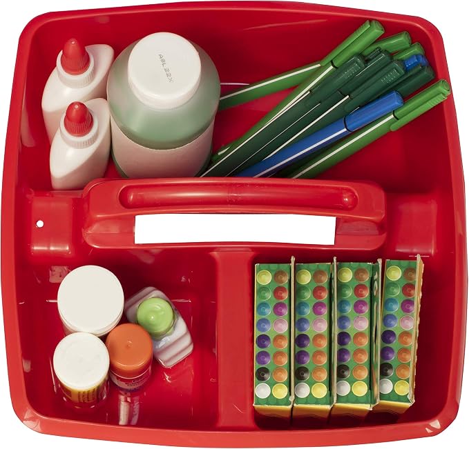 Storex 3-Compartment Small Caddy – Multipurpose Classroom Organizer with Handle, Crimson, 6-Pack (00949A06C)