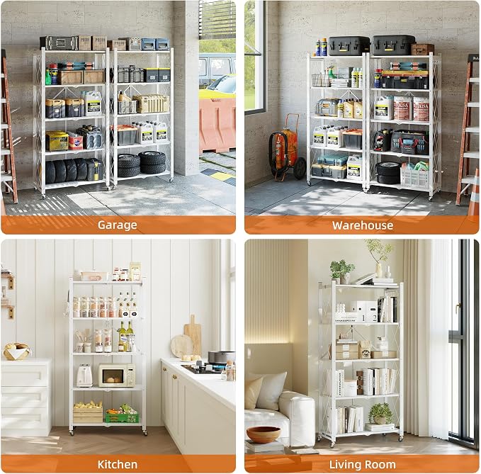 Fenbeli Foldable Shelves with Wheels - 5 Tier Folding Shelf, Collapsible No Assembly Metal Shelving Unit, Origami Storage Shelves & Rolling Storage Rack with 8 Hooks for Kitchen Pantry Garage