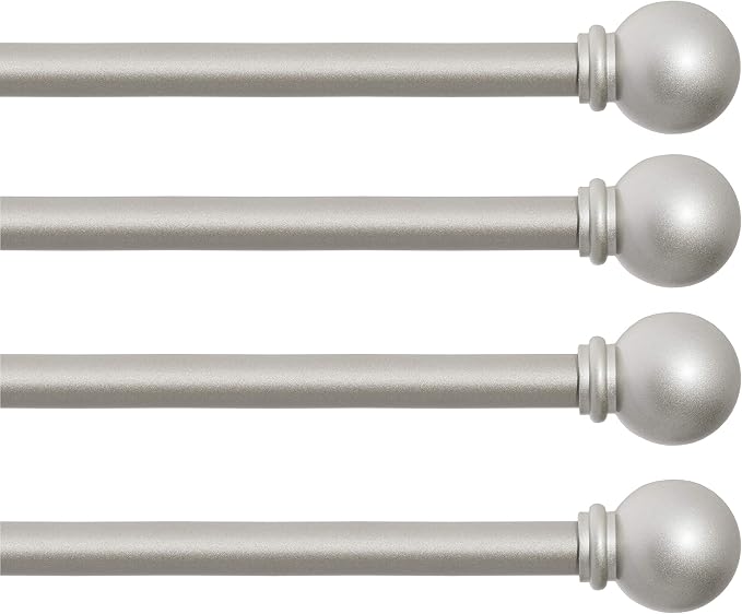 Kenney Chelsea Ball End Window Curtain Rod, Adjustable Curtain Rod for Windows 48 to 86 Inches, Extendable Curtain Rod Set, Brushed Nickel Silver Curtain Rod, Curtain Rods 4 Pack