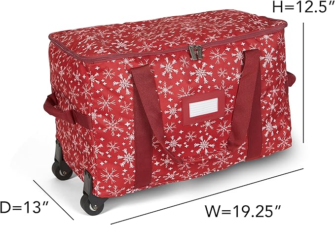 Covermates Keepsakes Rolling Adjustable Ornament Storage Bag – Heavy-Duty Polyester, FlexGrid Trays & Padded Dividers – Protective Holiday Organizer with Wheels, Handles & ID Window, Red Snowflake