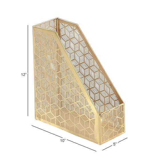 Deco 79 Metal Geometric Single Slot Magazine Holder with Laser Carved Design, 5" x 10" x 12", Gold