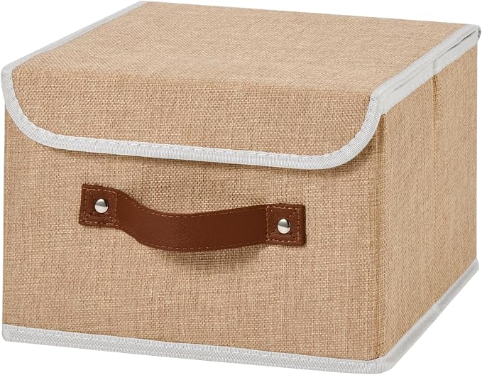 Collapsible Storage Boxes Baskets with Lid Cotton Linen Fabric Storage Bins with Faux Leather Handles Decorative Washable Cube Organizer Container for Home Closet Bedroom (Linen, Small Size)