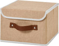 Collapsible Storage Boxes Baskets with Lid Cotton Linen Fabric Storage Bins with Faux Leather Handles Decorative Washable Cube Organizer Container for Home Closet Bedroom (Linen, Small Size)