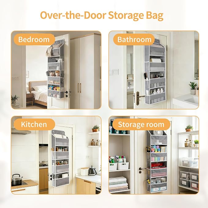 Over the Door Organizer, Door Storage Organizer with Large Capacity Pockets, Hanging Shelves for Bedroom, Closet, Dorm, Pantry (Grey, 6-Tier)
