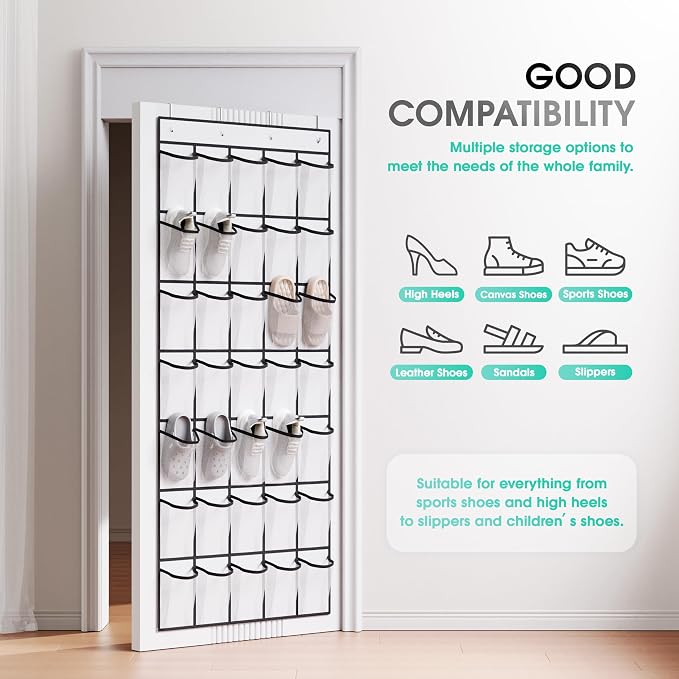 WVM Over the Door Shoe Organizer with 35 Breathable Mesh Pockets, Hanging Shoe Organizer for Door with 4 Metal Hooks, Large Capacity Closet Storage for Shoes, Accessories, White