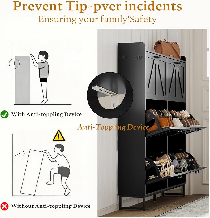 Wodeer Shoe Cabinet Storage for Entryway, Shoe Storage Cabinet with 6 Flip Drawers, Freestanding Narrow Shoe Rack Organizer with Metal Legs, Adjustable Shelves & Open Storage for Foyer, Hallway, Black