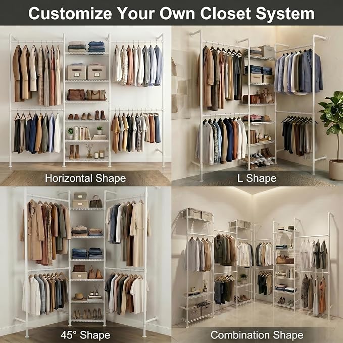F3 Wall Mounted Closet System, Industrial Pipe Clothing Rack for Hanging Clothes, Heavy Duty Closet Organizer System, Clothes Racks with Shelves & Expandable Rod for Wardrobe, Corner, White