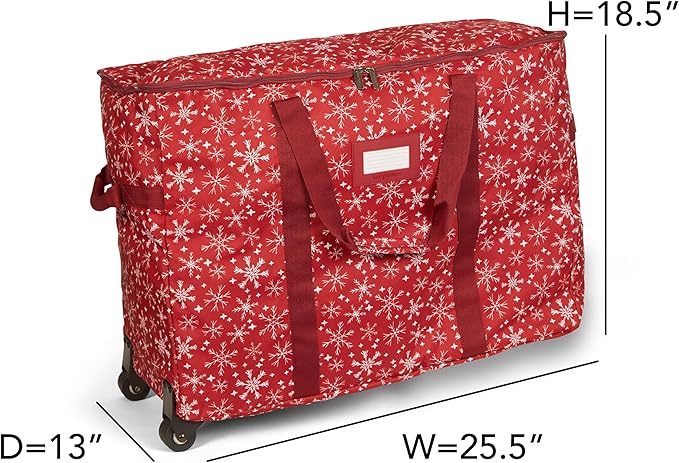 Covermates Keepsakes Rolling Adjustable Ornament Storage Bag – Heavy-Duty Polyester, FlexGrid Trays & Padded Dividers – Protective Holiday Organizer with Wheels, Handles & ID Window, Red Snowflake