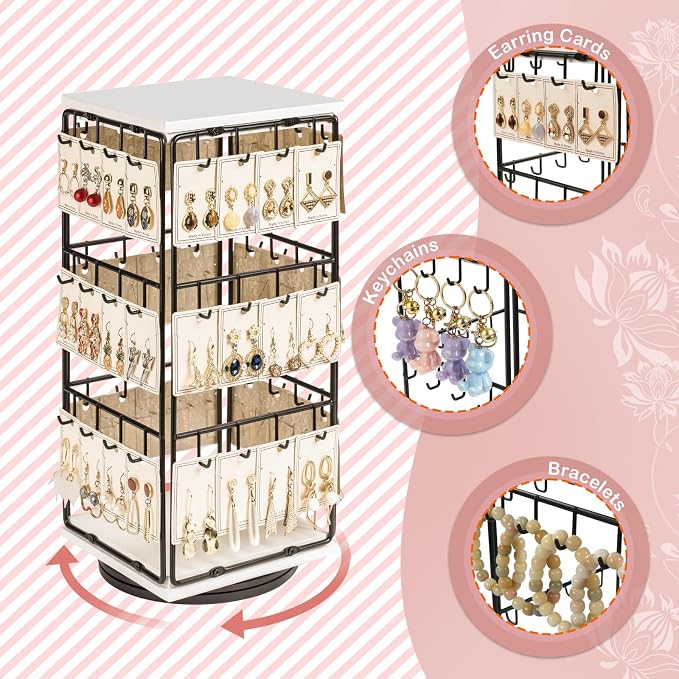 360 Rotating Earring Display Stands for Selling, Earring Rack Display Holder Stand, Jewelry Display for Vendors Selling Earring Cards, Necklaces, Bracelets, Hair Accessories (48 Hooks)