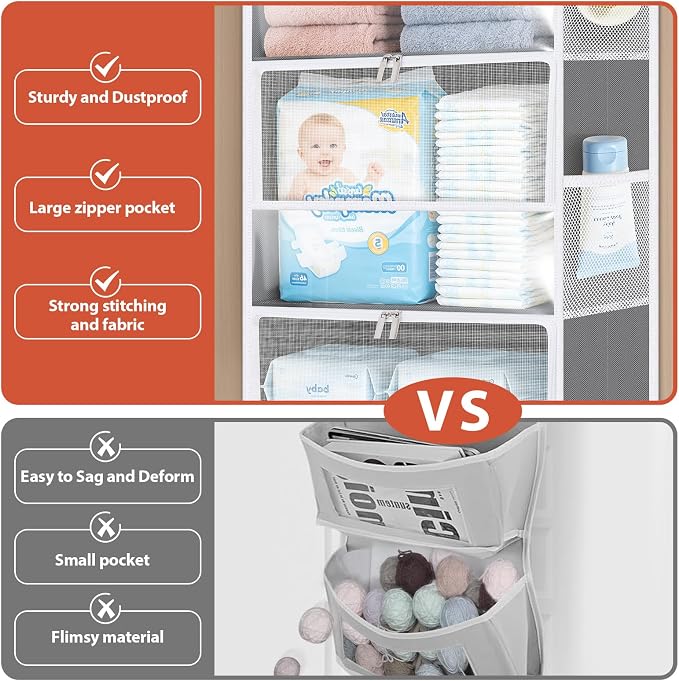 Univivi Over the Door Organizer for Baby Essential, 5-shelf, Light Gray | Fabric Baby Door Organizer, Large Compartments and Mesh Side Pockets, Storage for Baby Nursery, Laundry, Bedroom and Bathroom