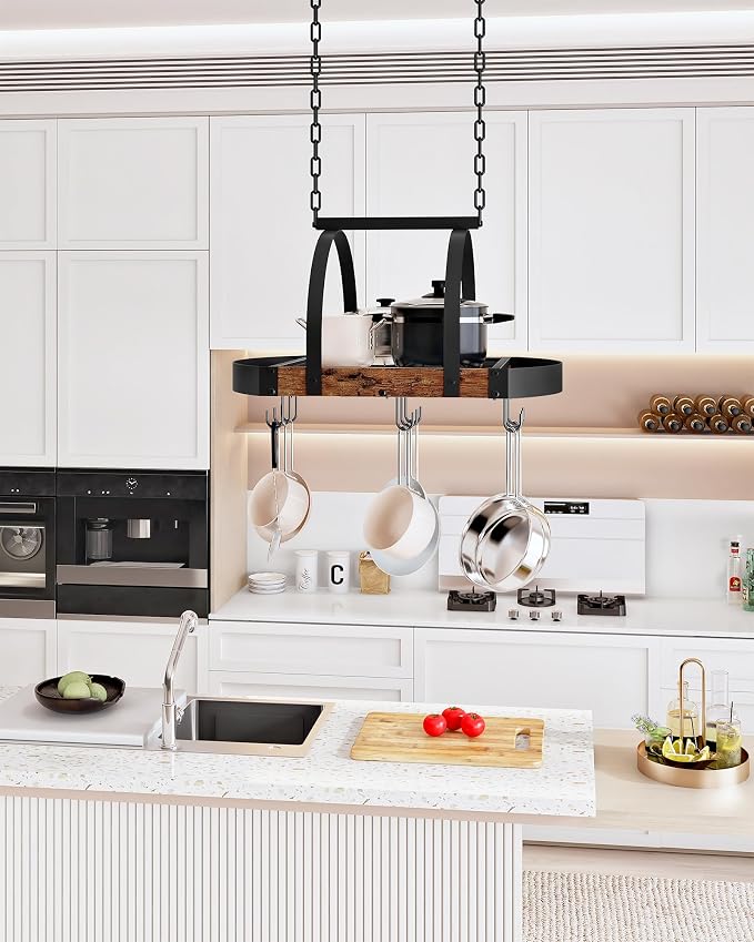 CHOEZON Hanging Pot Rack, Pot Hanger for Kitchen, Ceiling Mounted Pot Holder, Cookware Organizer with 9 S-Shaped Hooks, for Pot, Pan Storage, Space-Saving, Rustic Brown and Black TPR07BF