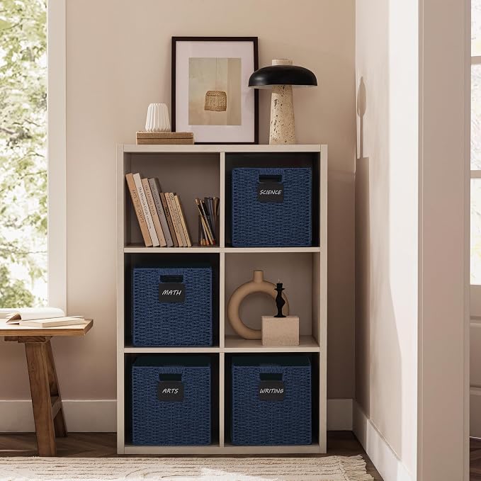 UBBCARE 2 Pack Wicker Basket, 10.5×10.5 Storage Cubes with Label, Foldable Cube Storage Bin with Handle, Square Storage Basket for Shelves, Woven Paper Rope Basket for Organizing, Blue