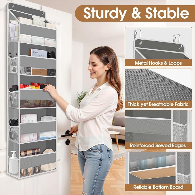 WISELIFE Over the Door Organizer Storage with 5 Large Pockets and Clear Windows, Hanging Organizer for Nursery Bedroom Bathroom Pantry Closet and Baby Essentials, Grey