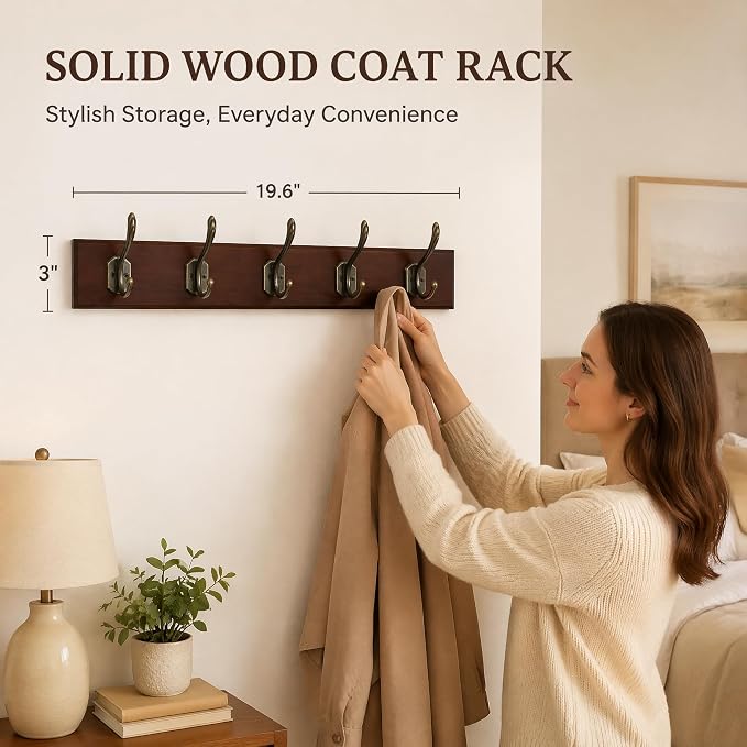 Wall Mounted Coat Rack with Solid Wood, 5 Bronze Metal Hooks – 19.6 Inch Rustic Brown Entryway Organizer for Hanging Coats, Hats, Jackets, Scarves, Bags, for Hallway, Bedroom, Bathroom（5Hooks）