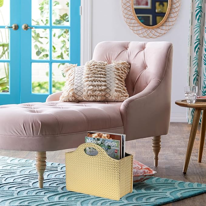 HofferRuffer Magazine Basket Holder, Foldable Magazine Rack, Document File Holder Organizer, File Folder, Newspaper Storage Bin Organizer for Home or Office (Gold)