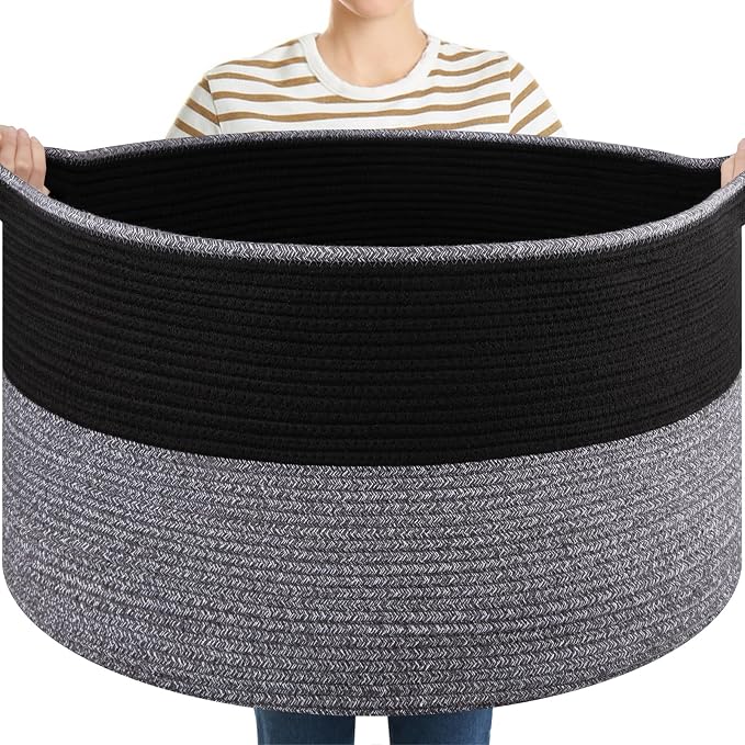 OIASKET Large Blanket Basket with Handles, 22.8" x 22.8" x 13" Woven Storage Basket for Living Room, Cotton Rope Baby Toy Storage for Clothes, Pillows, Towels-Black and Grey